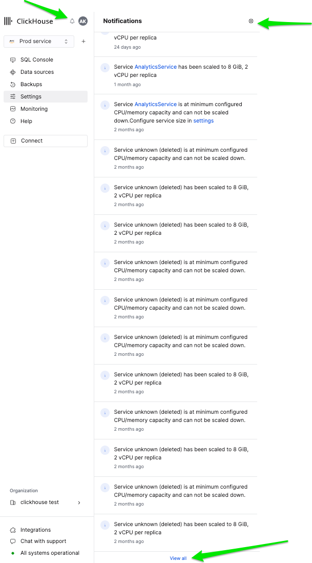 Выезжающая панель �уведомлений ClickHouse Cloud