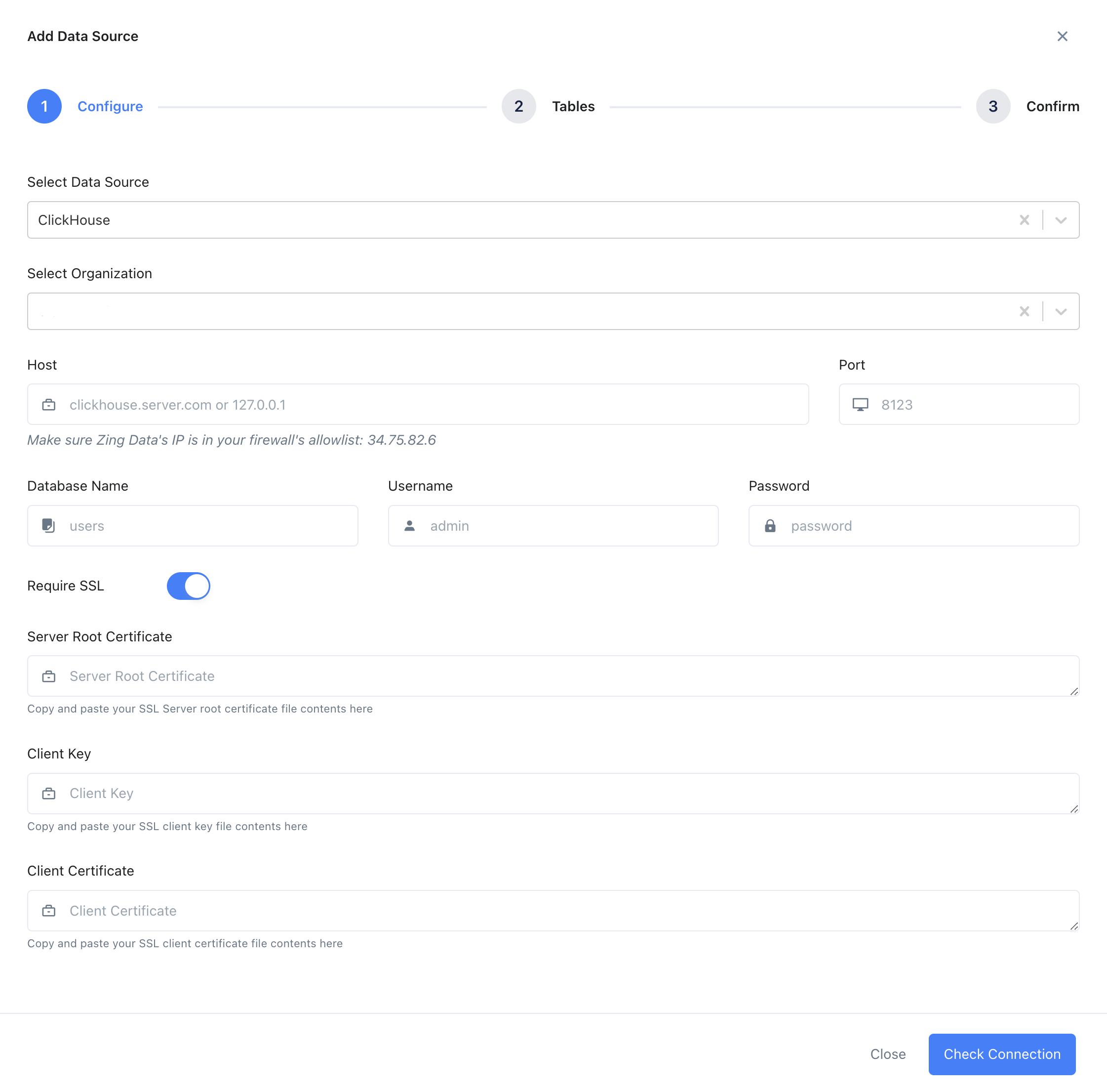 Форма настройки подключения к ClickHouse в Zing Data с полями для сервера, порта, базы данных, имени пользователя и пароля